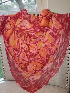 Vibrant Floral Pink & Orange Scarf, polyester, Vintage 30x30"